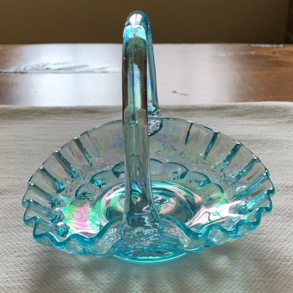 Vintage Westmoreland Glass Iridescent Aqua Blue Ruffled Edge Handled Basket - Picture 2 of 10